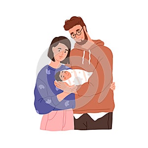 Parents holding newborn baby. Happy family portrait with father, mother and new born child. Wife and husband with infant