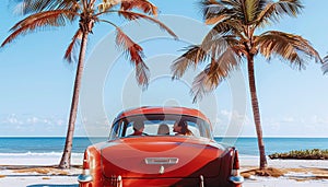 Parents with kid in Classic red car parked by the shore, evoking nostalgia and summer vibes with its vintage charm against a