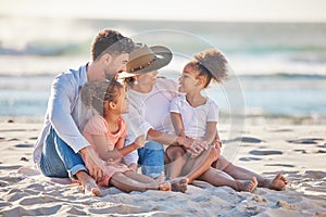Parents, kids and beach sand vacation, family holiday and summer sea travel together in Portugal. Smile mom, love dad