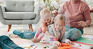 Parents, kids and drawing on living room floor for bonding, teaching and learning together. Color pencil, paper and dad