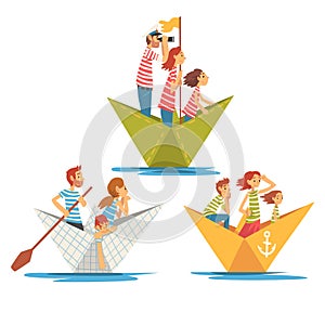 Parents and Kids in Striped T-Shirts Boating on River Set, Family Paper Boats Vector Illustration