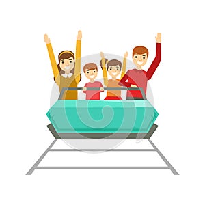 Parents And Kids Taking A Amusement Park Ride, Happy Family Having Good Time Together Illustration