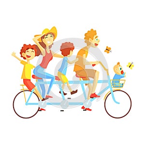 Parents And Kids On Triple Seat Bicycle Riding Outdoors In Summer, Happy Loving Families With Kids Spending Weekend