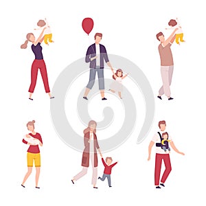 Parents and kids walking together set. Happy mom and dad having good time with their children flat vector illustration
