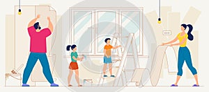 Parents with Kids Wallpapering Home Flat Vector