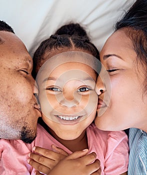 Parents kiss, daughter and smile portrait of a black family together with love, bonding and care. Home, happiness and