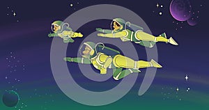 Parents and little son.Family of astronauts are flying in outer space in the pose of supermen.Futuristic space landscape