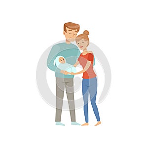 Parents with newborn baby, mother and father hugging their kid, happy family concept vector Illustration on a white