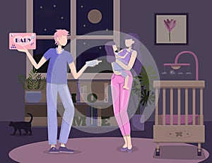 Parents put the child to bed. Flat vector illustration. Baby, mom and dad at night in the bedroom with a cradle. Parents