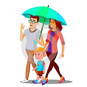 Parents In The Rain Holding An Umbrella Over Child Vector. Illustration