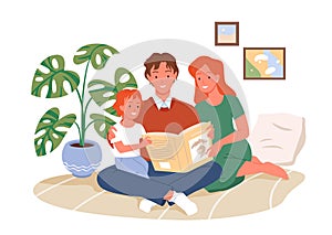 Parents reading book to kid, happy parenting, child, mother and father sitting together