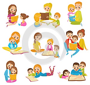 Parents reading books to they kids together set cartoon vector Illustrations on a white background