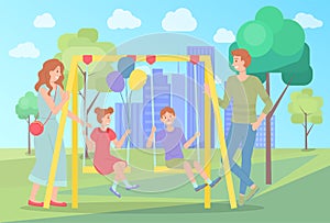 Parents ride their children on swing in city park, summer, family outdoor vacations. Flat image