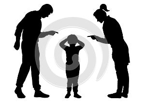 Parents scold the child. Mom and Dad scold the baby who is guilty. Silhouette vector on white background