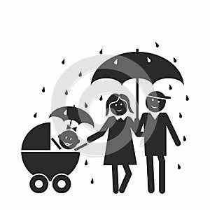 Parents with stroller with rain umbrella, family, black silhouette, vector icon, illustration