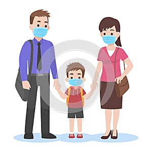Parents take their children to the school wearing a surgical face mask for prevent Coronavirus back to school