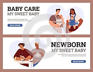 Parents taking care of newborns, web banners set - flat vector illustration.