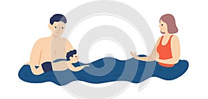 Parents teaching child to swim. Family on vacation. Mother and father spend time with kid in swimming pool. Scene of