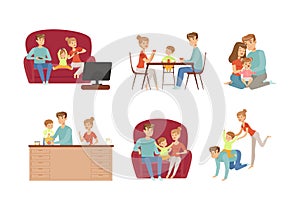Parents with Their Children Spending Good Time Together Playing Computer Game, Eating, Sitting in Armchair and Cooking