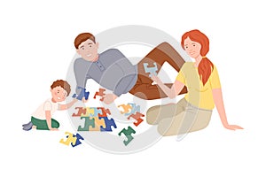 Parents and their son sitting on floor and playing puzzle board game. Family spending pastime at home together cartoon