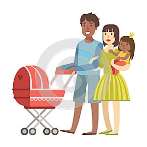 Parents Walking WIth Baby In A Stroller And And Toddler In Arms, Illustration From Happy Loving Families Series