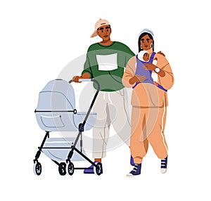 Parents walking with infant baby in sling. Young mother, father strolling with newborn child and pram, stroller. Mom