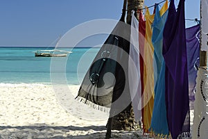Pareo Cloths hanging at the beach in Nosy Iranja Madagascar