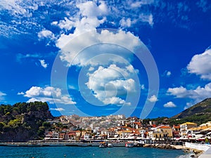 Parga city in October sea buildings tourist resort in greece