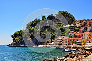 Parga, Epirus - Greece. Colorful houses amphitheatrically built next to the castle of Parga