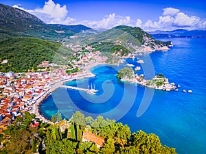 Parga, Greece. Aeriual drone view of beautiful colorful coastal town in Epirus, Greek holidays