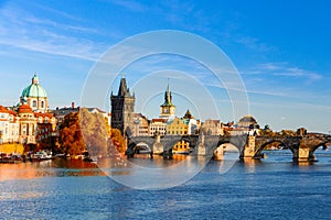 Pargue, view of the Lesser Bridge Tower and Charles Bridge (Karluv Most), Czech Republic.