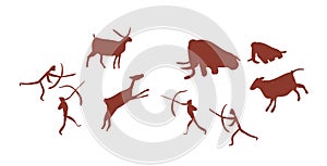 Parietal art or cave painting depicting group or tribe of Stone age people or hunters hunting deers and mammoths photo