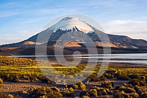 Parinacota Volcano reflected in Lake Chungara, Chile