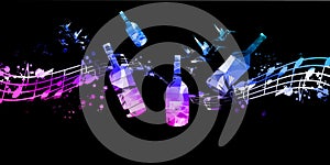 Paring wine and music. Bottles with musical notes staff on black background