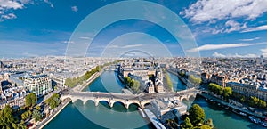 Paris aerial panorama with river Seine, Pont Neuf bridge, ile de la cite and Notre-Dame church, France. Holidays vacation photo