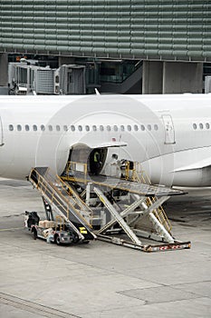 Paris airport landing and loading cargo and passenger