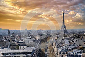 Paris, beautiful Haussmann facades and roofs, with the Eiffel Tower