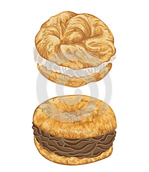 Paris brest cakes with praline and chocolate cream. French pastries in watercolor style