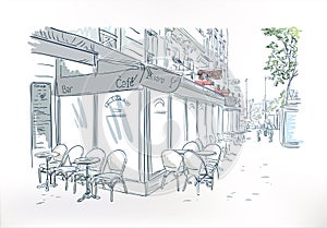 Paris cafe outdoor sketch  watercolor art