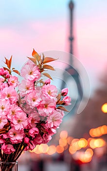 Paris cherry blossoms at sunset