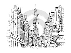 Paris city with Eiffel Tower seen from street side. Hand drawn vector sketch