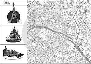 Paris city map with hand-drawn architecture icons