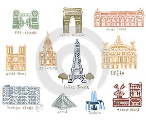 Paris city sights illustrations