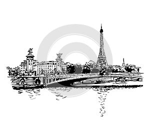 Paris cityscape. Eiffel tower, bridge Alexandre III and river Seine Vector sketch, landmark of Paris