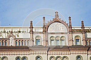 Paris Court in Brudern House against a blue sky in Budapest, Hungary, Europe. Old and historic hotel building with