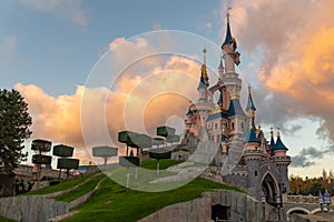 paris disneyland castle closeup golden