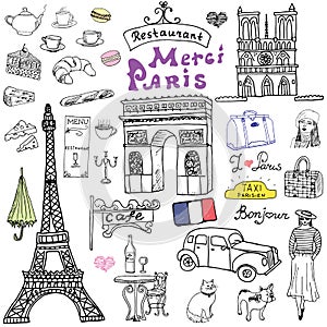 Paris doodles elements. Hand drawn set with eiffel tower bred cafe, taxi triumf arch, Notre Dame cathedral, facion elements, cat