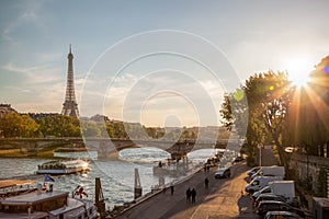 Paris with Eiffel Tower against colorful sunset in France