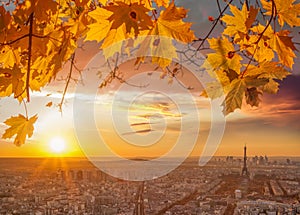 Paris with Eiffel Tower against colorful sunset in France