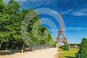 Paris Eiffel Tower and Champ de Mars in Paris, France